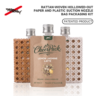 Calidad  Reusable Rattan Woven Spout Pouch with Aluminum Cap | CheerPack Patented 100ml rattan-woven hollow-out spout pouch with reusable Sleeve and aluminum screw cap. Eco cosmetic packaging, OEM/ODM welcome. Fábrica