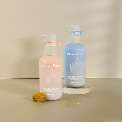 250 ml Flip Top Cap HDPE Shampoo de plástico cuidado de bebés bomba de loción de botella rosa para envases cosméticos