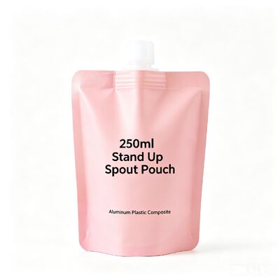 Bolsa con boquilla de pie de 250 ml, bolsa compuesta de plástico de aluminio, tapa superior abatible, envasado de alimentos y bebidas flexibles